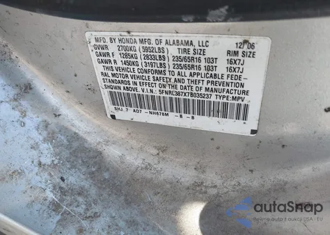 2007 Honda Odyssey Ex-L from USA, damaged, VIN 5FNRL387X7B035237